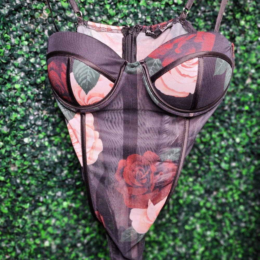 Fashion Nova Black Mesh Bodysuit with Red & Pink Rose Print
